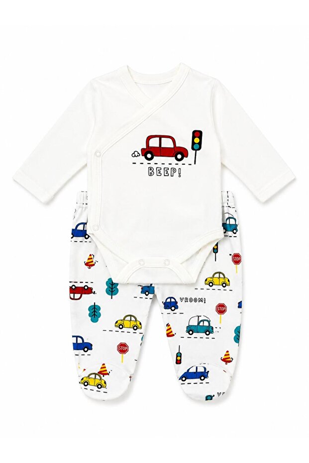 Baby Boy Car Printed Double Breasted Bodysuit Set 100% Cotton 2-Piece Set with Booties 0-9 Months