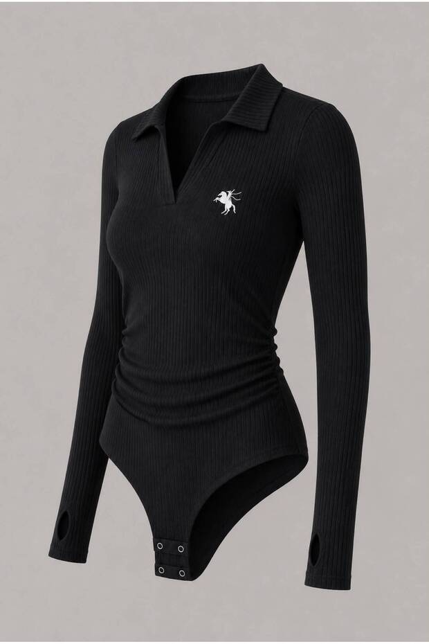Black Long Sleeve Ribbed Polo Collar
