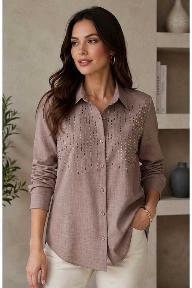 Sofia Linen-Blend Shirt with Stone and Pearl Details