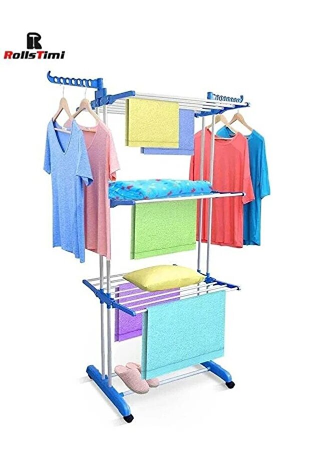 Multi-Layer Foldable Clothes Drying Rack with Ironing Board, 4-Tier Laundry Stand with Wheels, Hanging Rail & Towel Rack