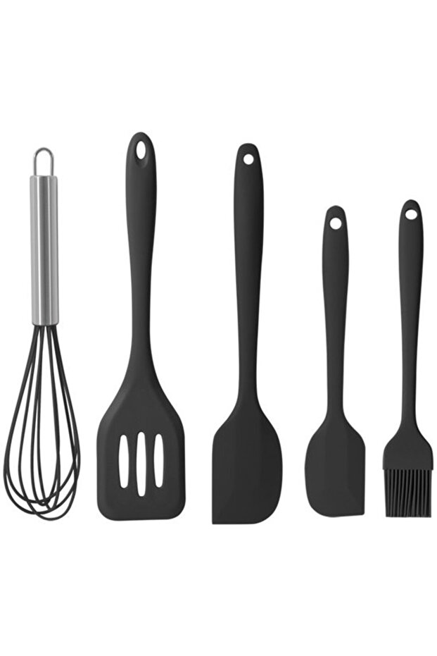 Silicone kitchen utensil set of 5, heat resistant and scratch resistant, black.