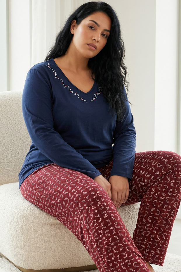 Navy Blue Patterned Embroidered Cotton Lycra Large Size Oversized Knitted Pajama Set26240881