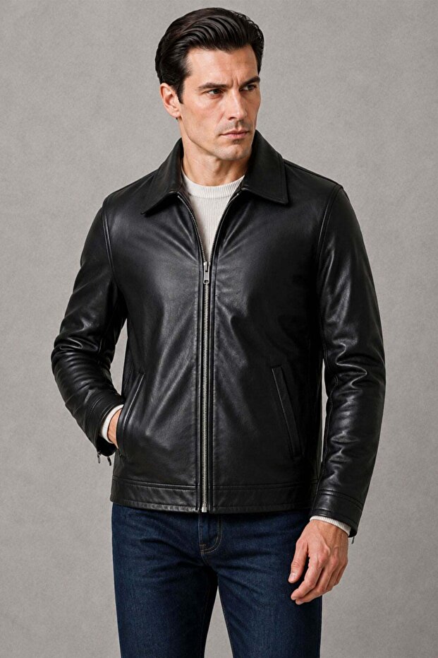 Jemas Men's Black Genuine Leather Zippered Jacket