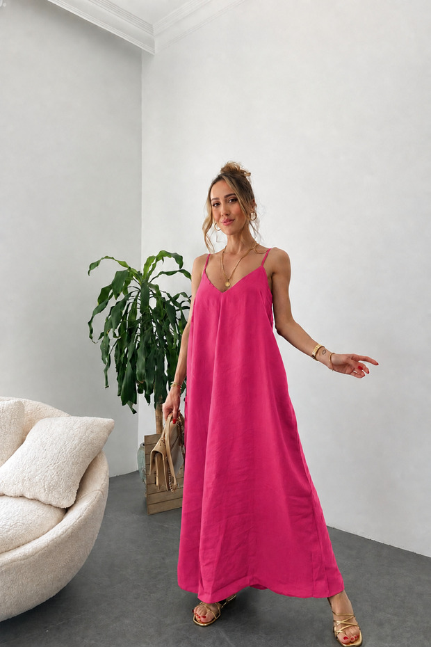 Pink Aerobin Fabric Women's Non-Ironing Adjustable Strap Casual Long Summer Dress