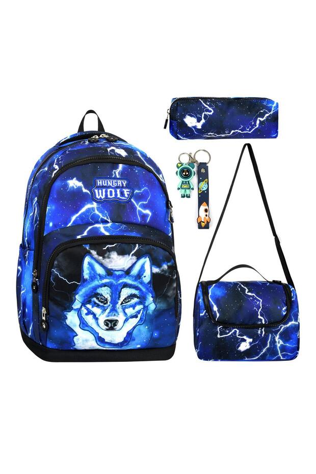 Wolf Pattern 4-Piece Primary School School Bag Set Lunch Box Pencil Case Keychain Children Primary School Middle School Kindergarten