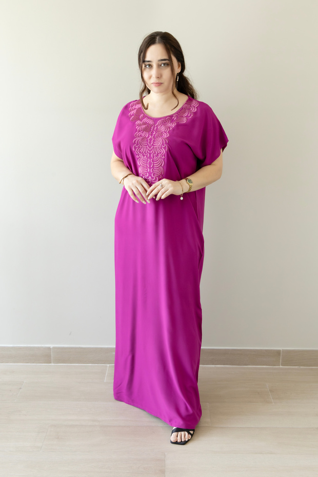 Magenta Pink Embroidered Round Neck Jalabiya