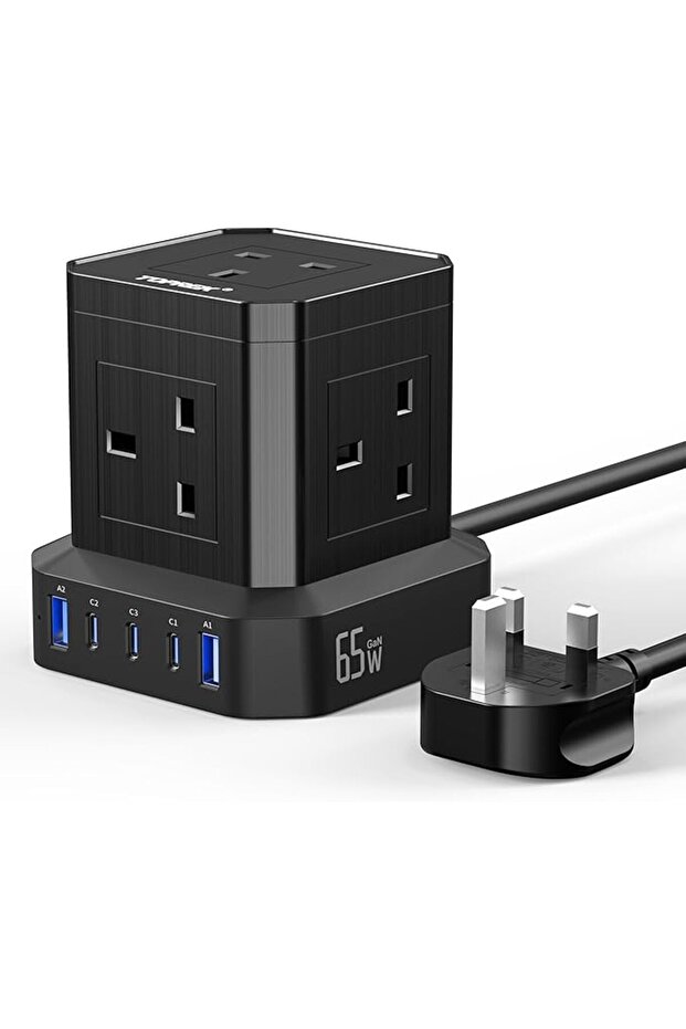 وصلة تمديد USB للشحن السريع PD3.0 بقوة 100 واط مقبس تمديد متعدد المقابس بخمسة اتجاهات (13 أمبير/3250