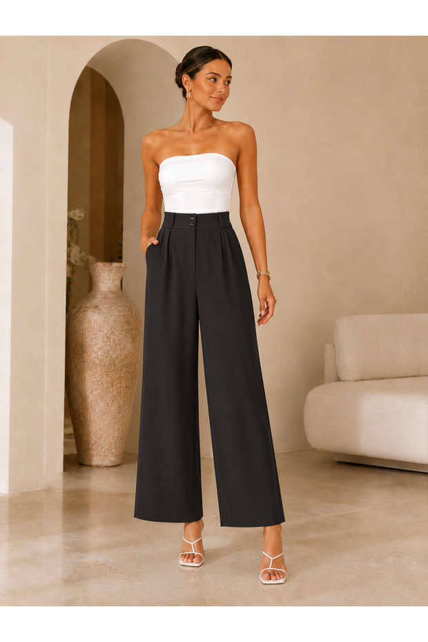 Women's Black High Waist Double Buttoned Wide Leg Palazzo Fabric Trousers