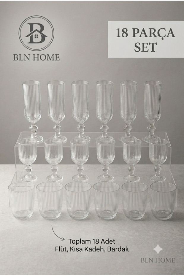 18-Piece Fluted Striped Glass Set - Water, Soft Drink, and Stemware Set for 6 People