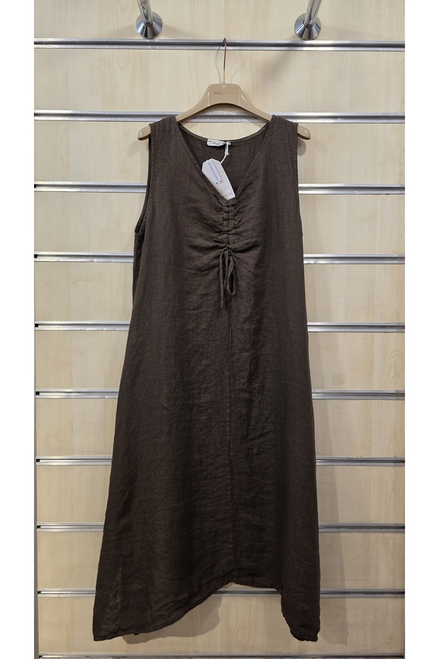 Italian Sleeveless Linen Dress with Gathered Collar