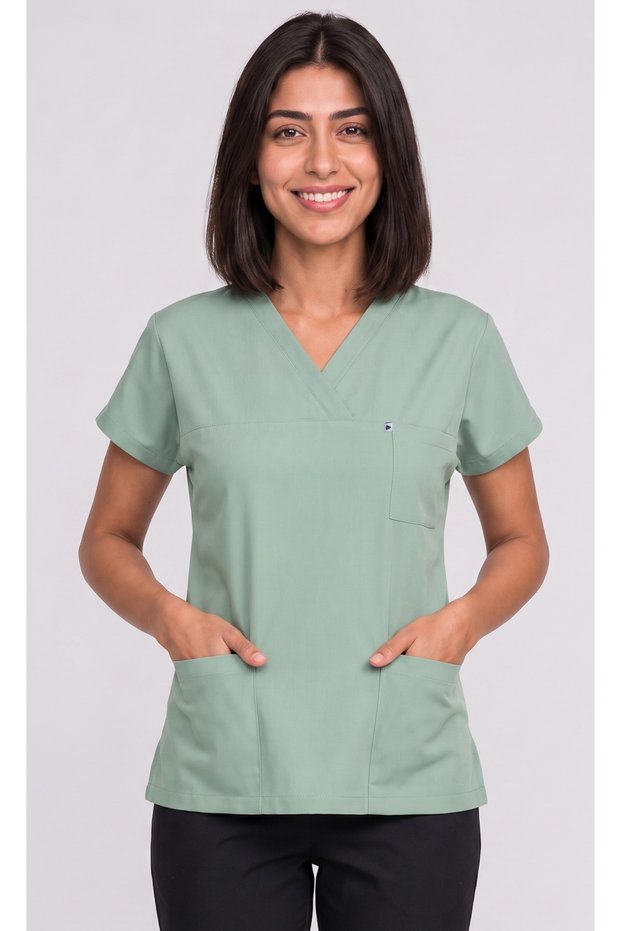 Women's V-Neck Bat Sleeve Biscuit, Mildew Green, Purple, Orange Belinda Fabric Scrubs Single Top