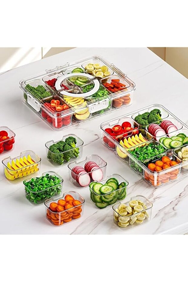 Stackable Pantry Organizer - Transparent PET Divided Fridge Box with 8 Compartments for Vegetables, Snacks, Fruits - BPA-Free 31x24x7cm