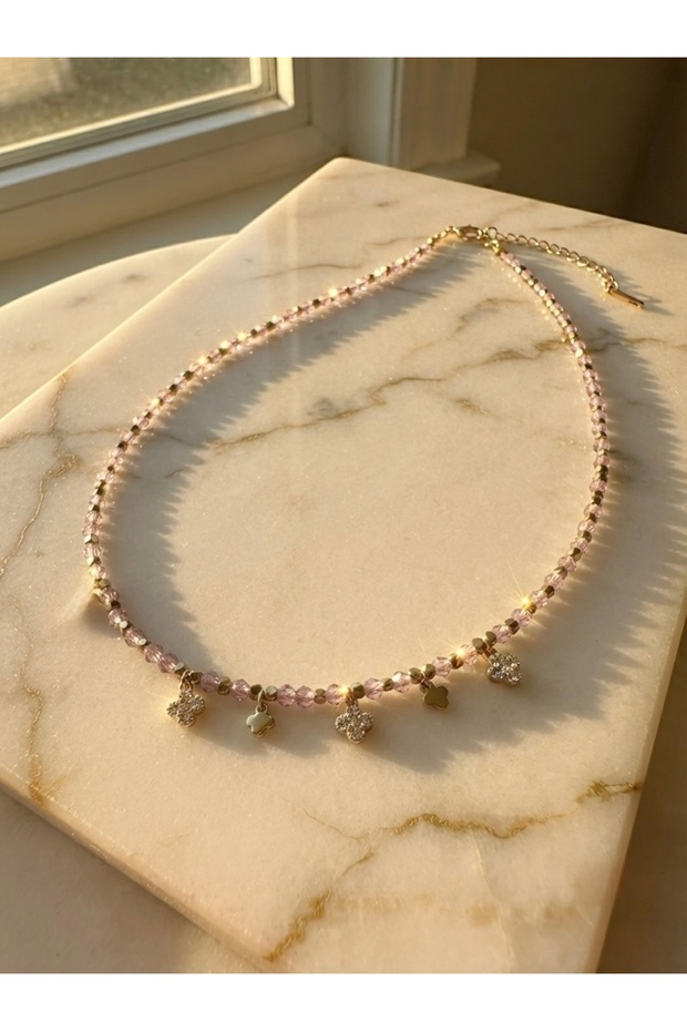 Pink Quartz Natural Stone and Stainless Steel Combination Necklace