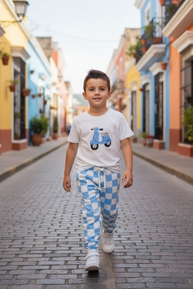 Boys' Motorcycle Checked Cotton Fall T-Shirt Pants Set 2-8 Years