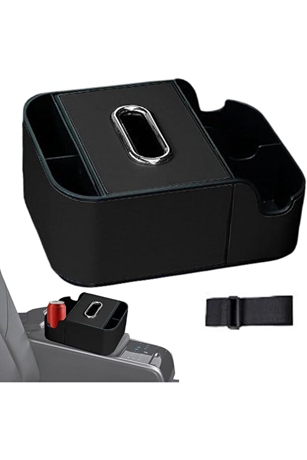 Car Armrest Storage Box Organiser, Car tissue box, Black PU Leather Console Organizer with Large Cap