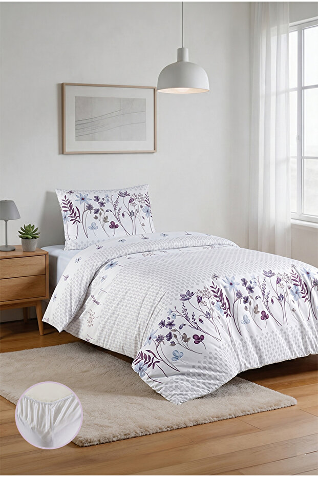 Alara 100% Cotton Single Elasticated (Fitted) Duvet Cover Set 160X220
