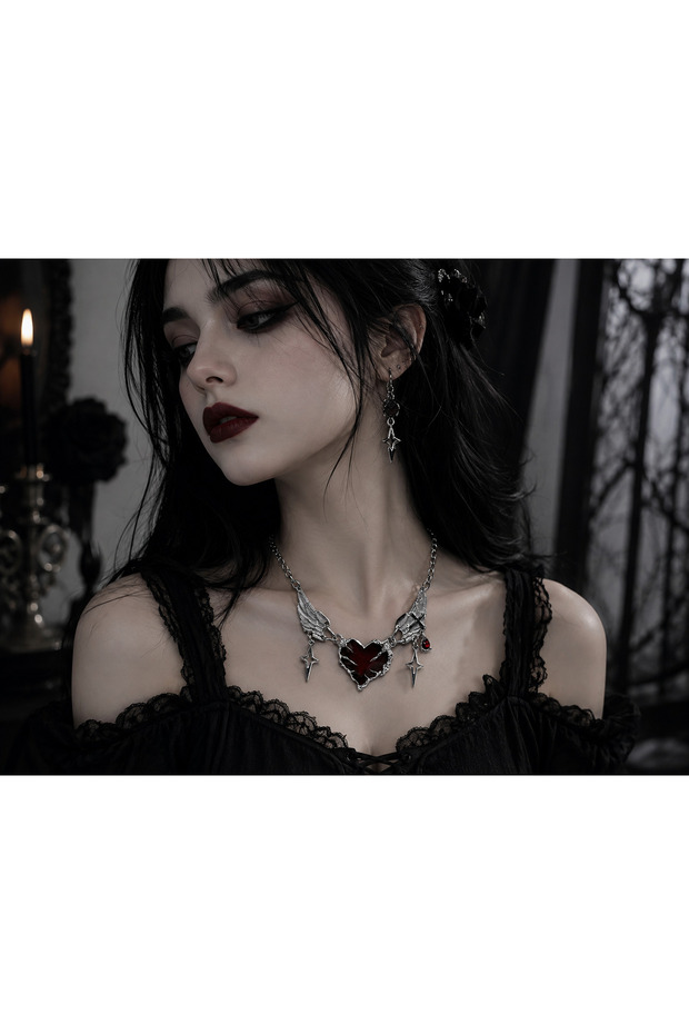 Gothic Necklace with Red Heart and Angel Wing Detail – Alternative Style Accessory