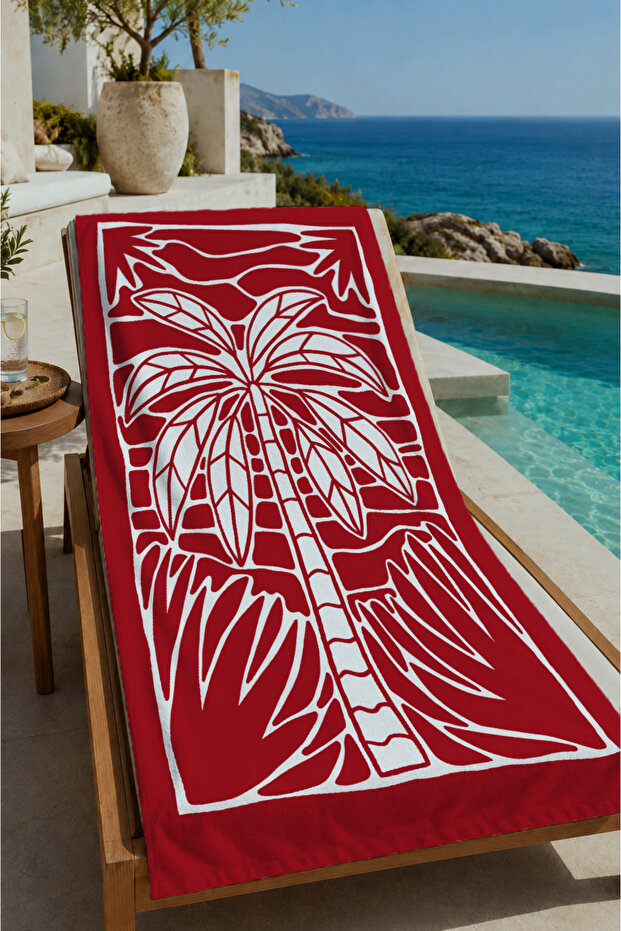 Red and White Block Print Palm Pattern 70X150 Beach Towel - Digital Printed Fade-Resistant Bath Towel
