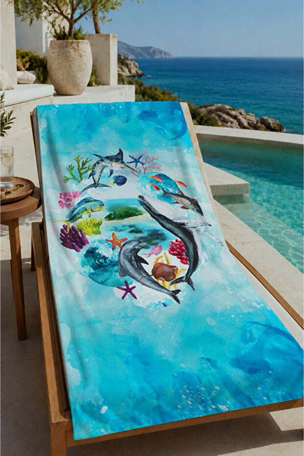 Blue Watercolor Ocean and Sea Creatures Patterned 70X150 Beach Towel - Digital Printed Bath Towel