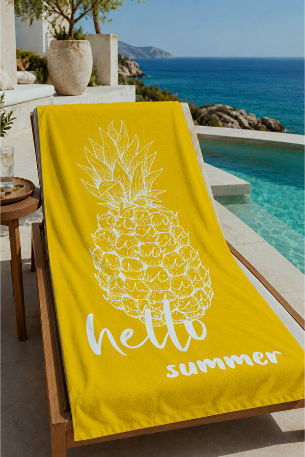 Yellow Hello Summer Pineapple Patterned 70X150 Beach Towel - Cotton Bath Towel