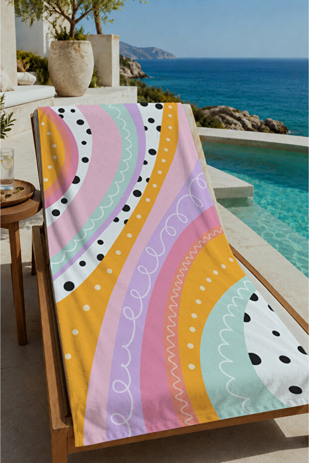 Pastel Yellow Pink Wavy Stripe and Dot Pattern 70X150 Beach Towel - Digital Printed Bath Towel
