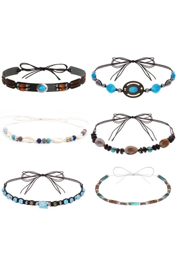 Denim headband 6pc turquoise beads Western cowboy style.