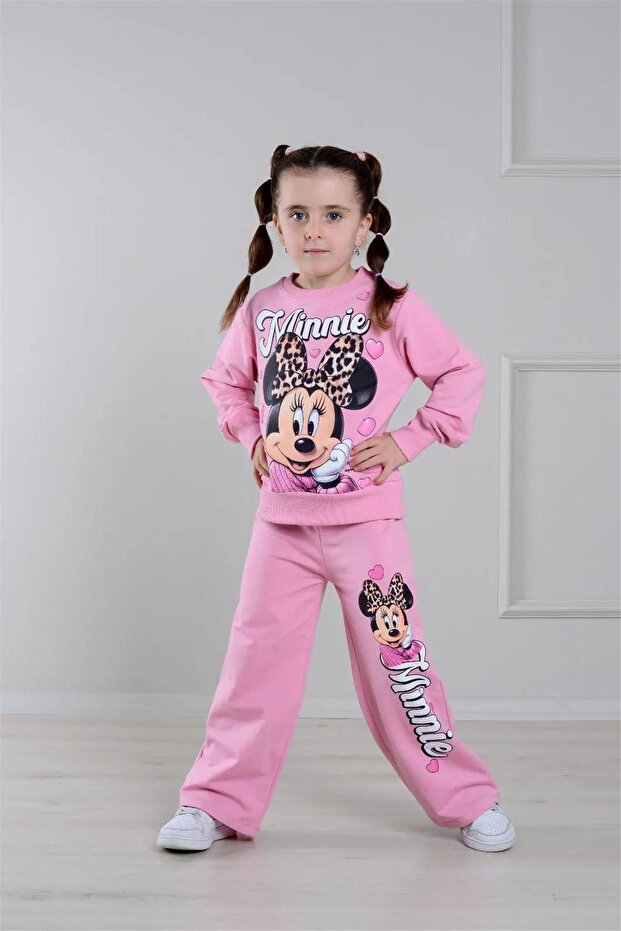 Red Girls' Patterned 2-Yarn Wide-Leg Sweatpants Set