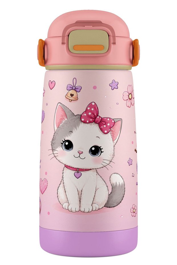 420 ml Pink Cute Cat Printed Stainless Steel Thermos / Water Bottle for Girls - 60023