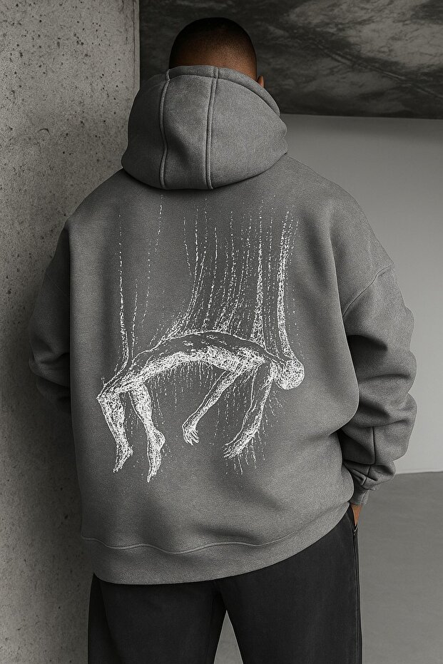 Unisex Oversize 3 Thread Yarn Kangaroo Pocket "Abstract Figure" Printed Hooded Sweatshirt