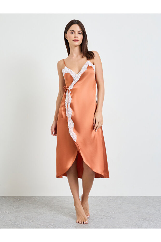 Rust Lace Trim Wrap Slip Dress