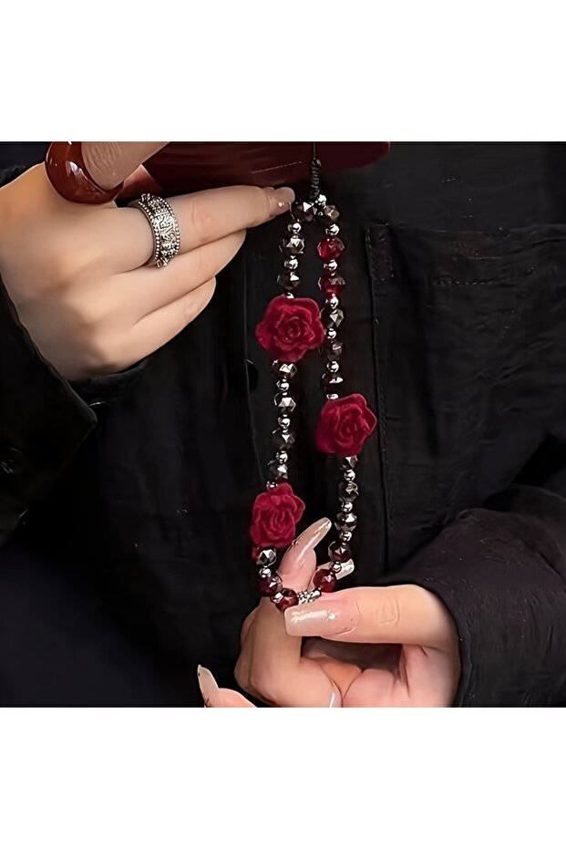 Red / Pink 1Pc Gothic-Style Red Velvet Rose Beaded Phone Charm - a Stylish Acrylic Keychain and Bag