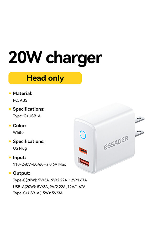 ESSAGER 20W US Plug White Essager PD 20W Fast Charging Portable Charger For iPhone16 15 14 13 12 11
