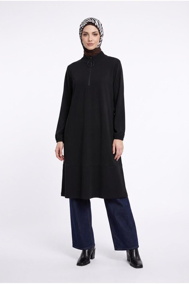 Trendy Collar Zippered Balloon Sleeve Stripe Detailed Full Fit Knitwear Tunic-110 cm