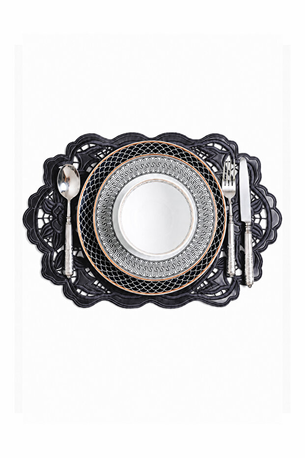 Embroidered Leather American Service Set of 2 Double-Sided Rectangular Placemats 50X33 cm Dora Black