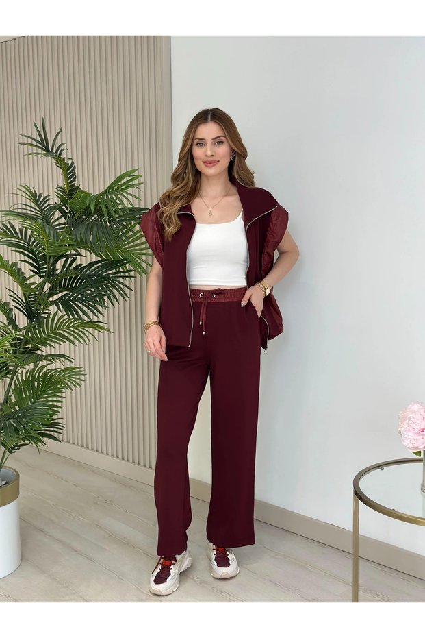Women's Burgundy Poplin Detailed Double Tracksuit Set with Zipper, Zero Sleeve Vest, Cotton Modal, Wide Leg