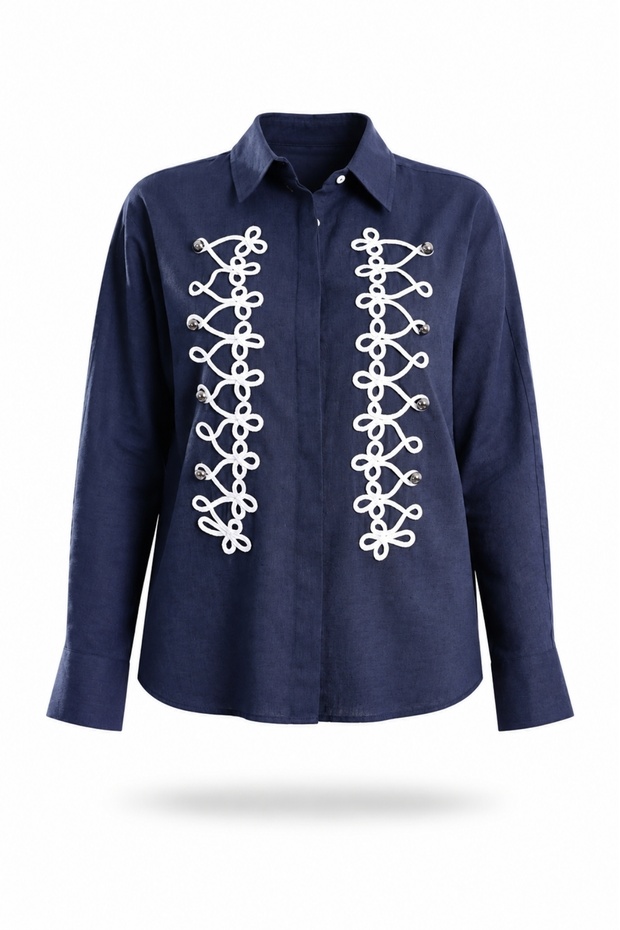 Navy Blue Embroidered Detailed Shirt 34975