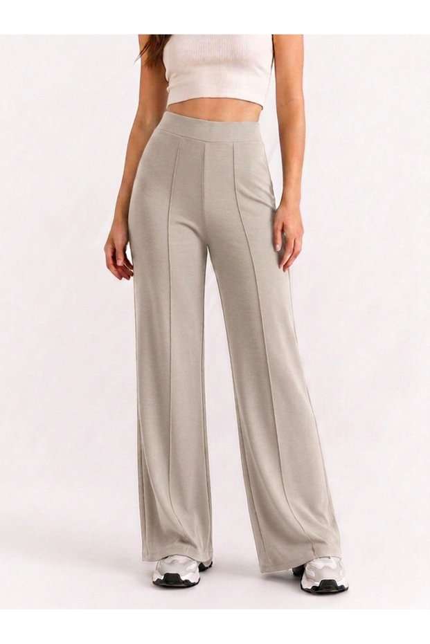 Women's Stone Color Ribbed Front Wide Fit Loose Leg Modal Fabric High Waist Gathering Pants Leggings