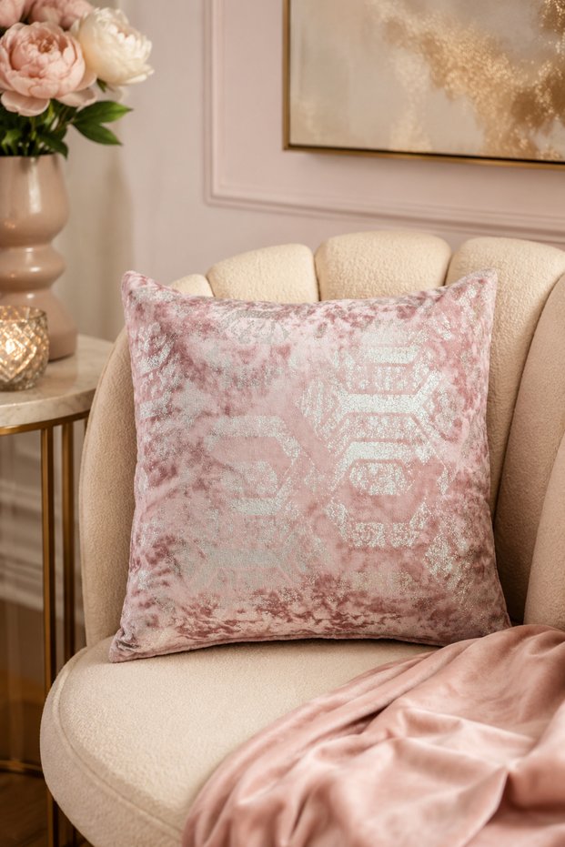 Powder Pink Silver Patterned Velvet Textured Decorative Throw Pillow Cover