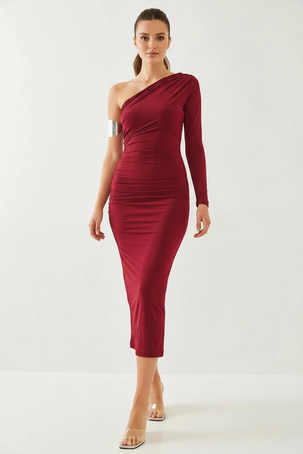 Women's One-Shoulder Gathered Long Burgundy Dress