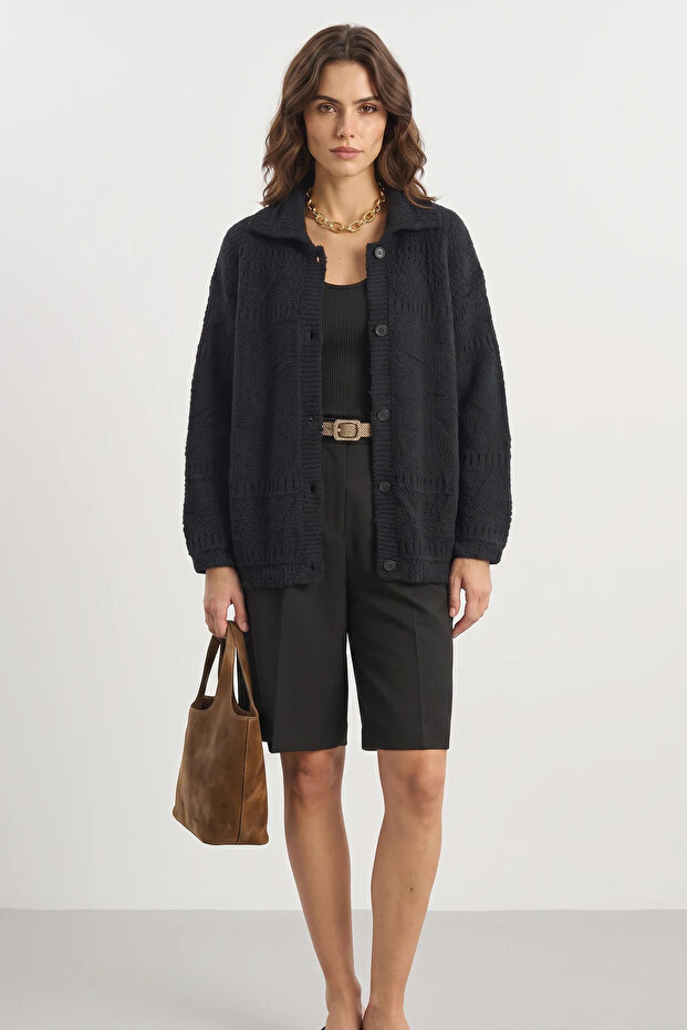 Women's Pointelle Knit Buttoned Shawl Collar Black Cardigan