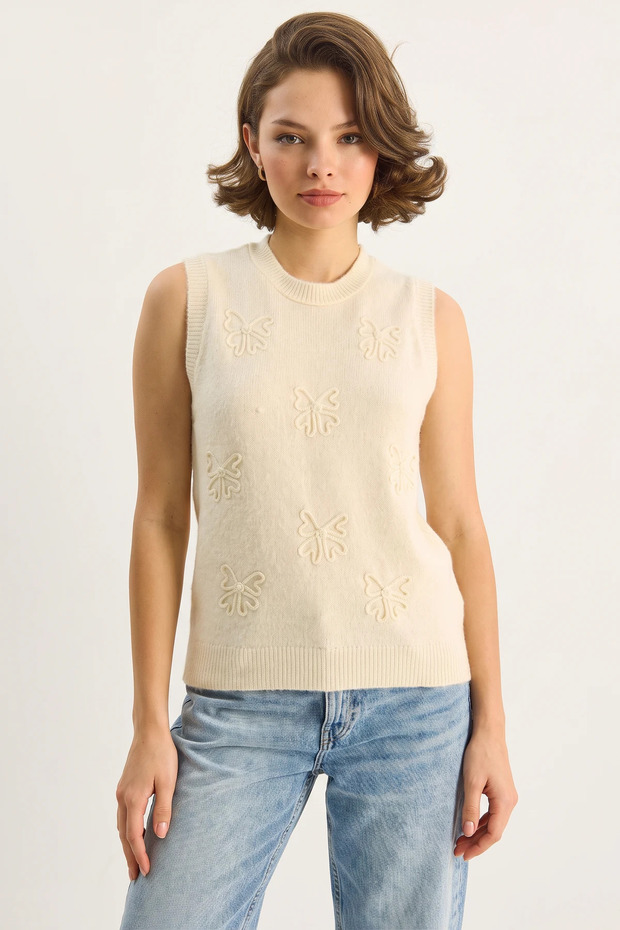 Women's Süzene Spreader Bow Embroidered Knitwear Sweater Cream