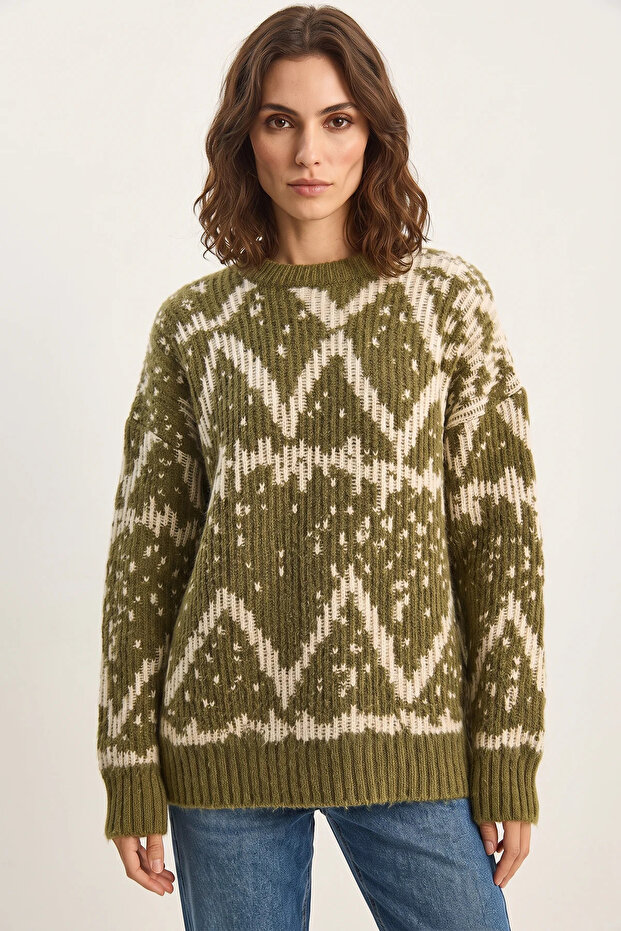 Women's Patterned Crew Neck Oversize Knitwear Green Sweater