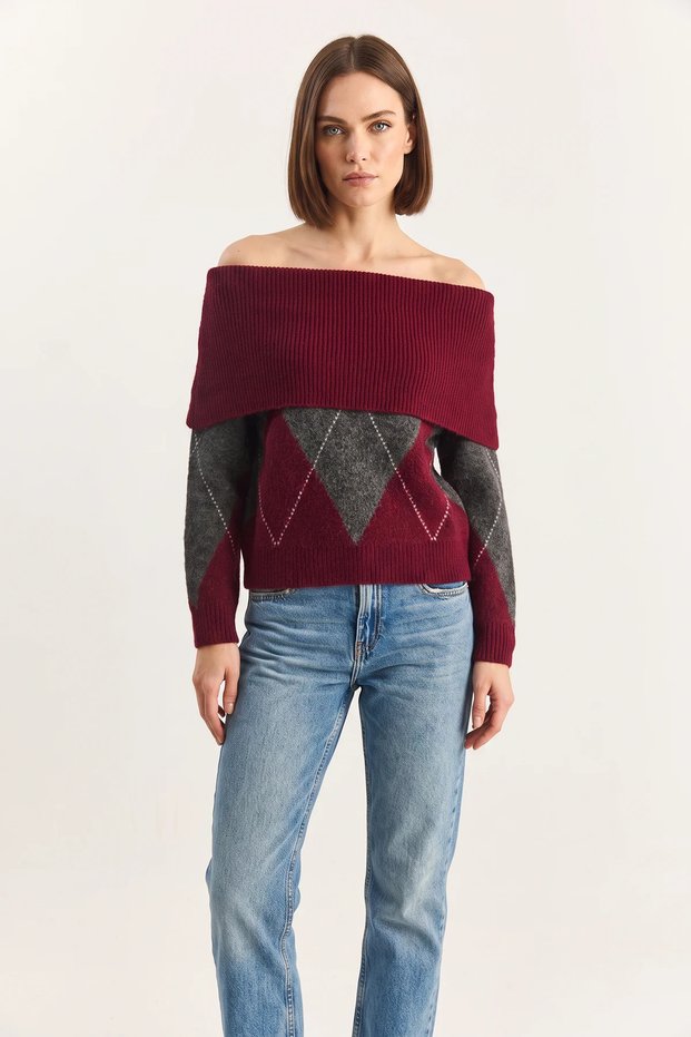 Women's Madonna Collar Diamond Patterned Knitwear Burgundy Anthracite Sweater