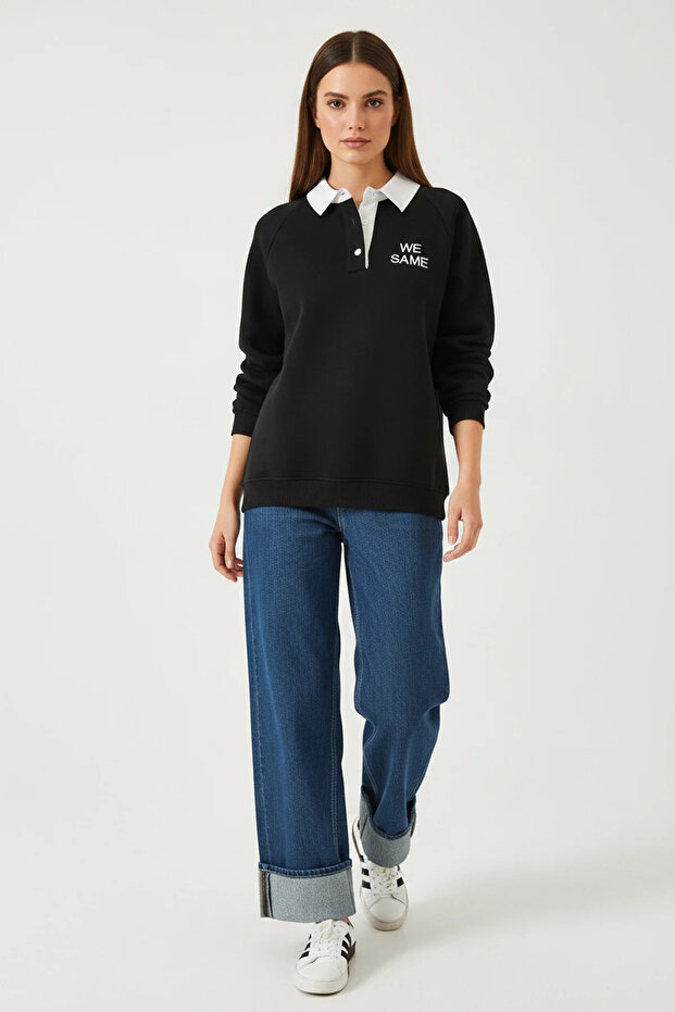 Women's Polo Collar Three-Thread Ribbed Black Sweatshirt