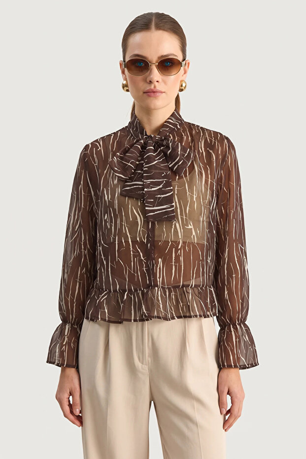 Women's Drawstring Sleeve Detailed Patterned Chiffon Bitter Brown Blouse with Tie Collar