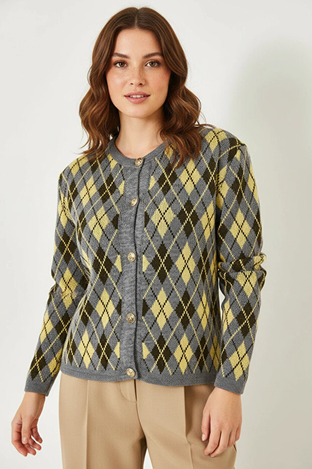 Women's Diamond Pattern Crew Neck Buttoned Knitwear Gray Cardigan