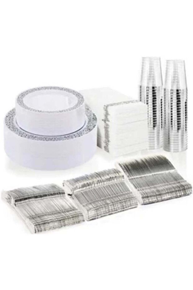 Silver Plastic Tableware - Silver Plastic Plates, silver Plastic dinnerware silver Cups, silver Cutlery, and Silver Napkins for 25 People - Ideal for home and events 175 Pcs