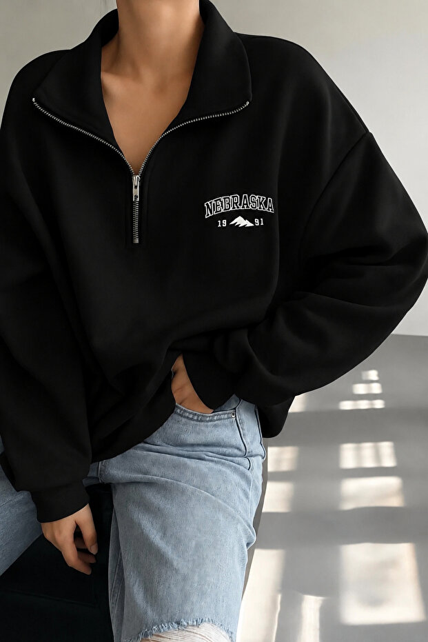 Black Nebraska Printed Stand Collar Zipper Sweatshirt