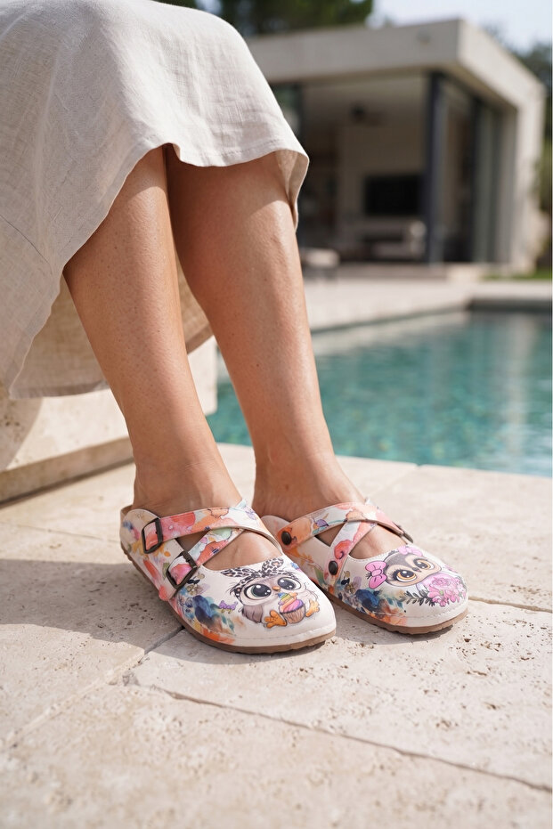 6309 Owl Printed Comfort Cross Sabo Slippers