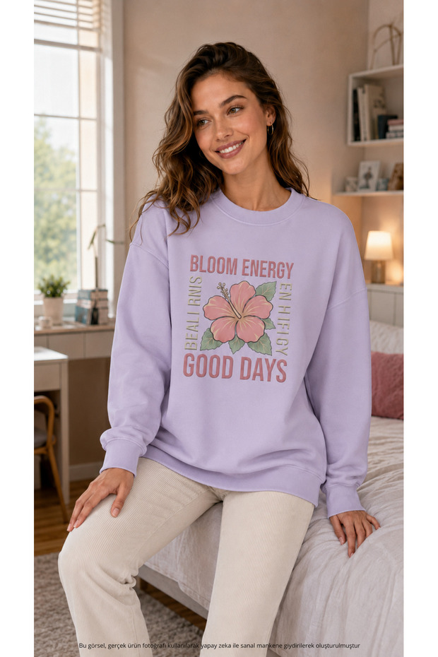 Women's Bloom Energy Floral Printed Round Crew Neck Long Sleeve Sweatshirt